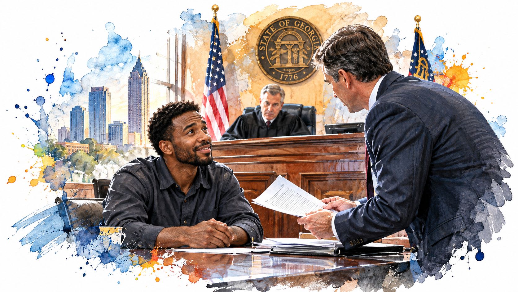 A courtroom scene with a defendant, a lawyer holding papers, and a judge, with Atlanta city skyline.