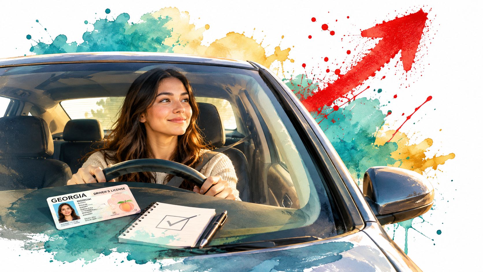 A young woman smiling while driving a car, with a Georgia driver's license and checklist displayed.