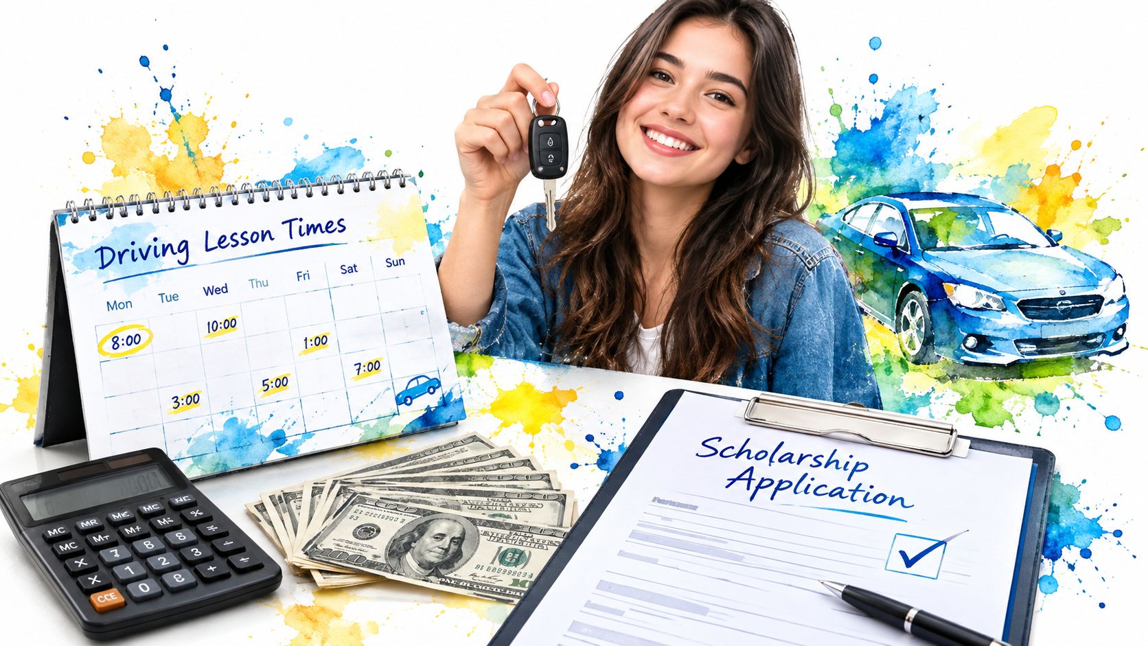 A smiling young woman holds a car key next to a driving lesson calendar and scholarship application.