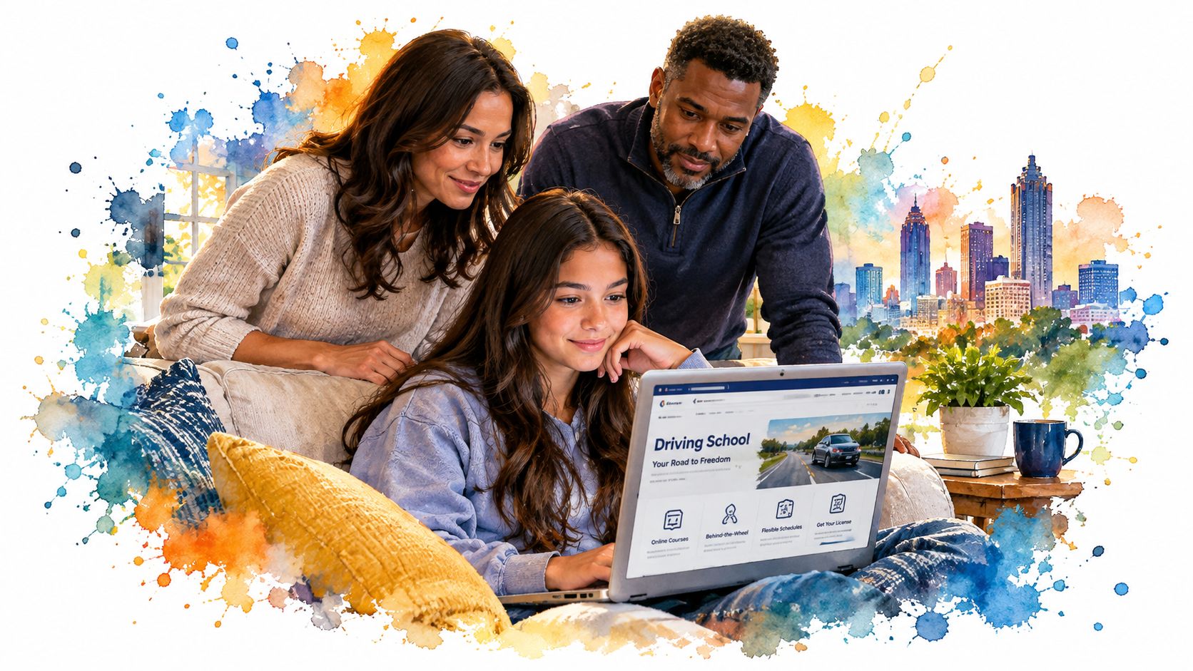 Parents watching their teenage daughter take online driving classes on a laptop at home.