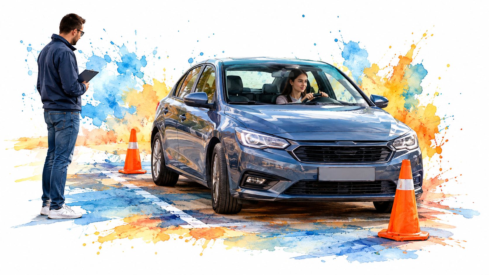 A driving instructor evaluating a young woman practicing parallel parking skills between traffic cones in a car.