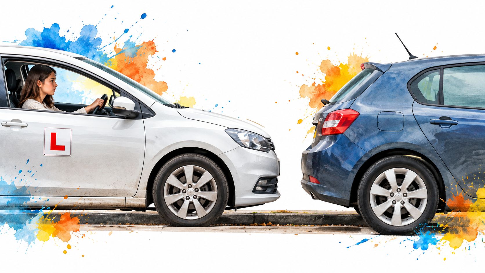 A learner driver practicing parallel parking with a white car behind a blue parked car.