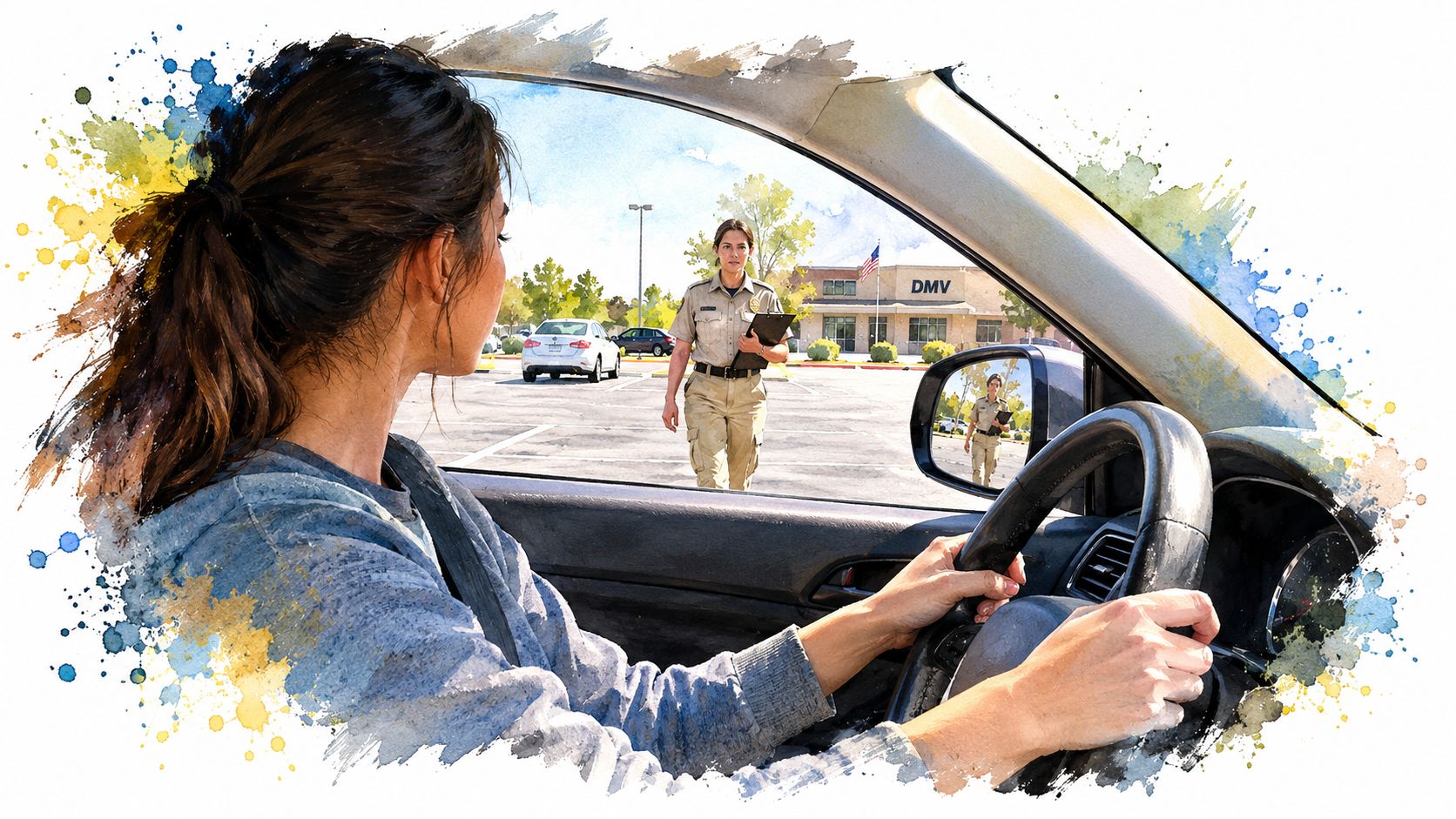 A woman sitting in the driver seat of a car looking at a DMV examiner approaching her.