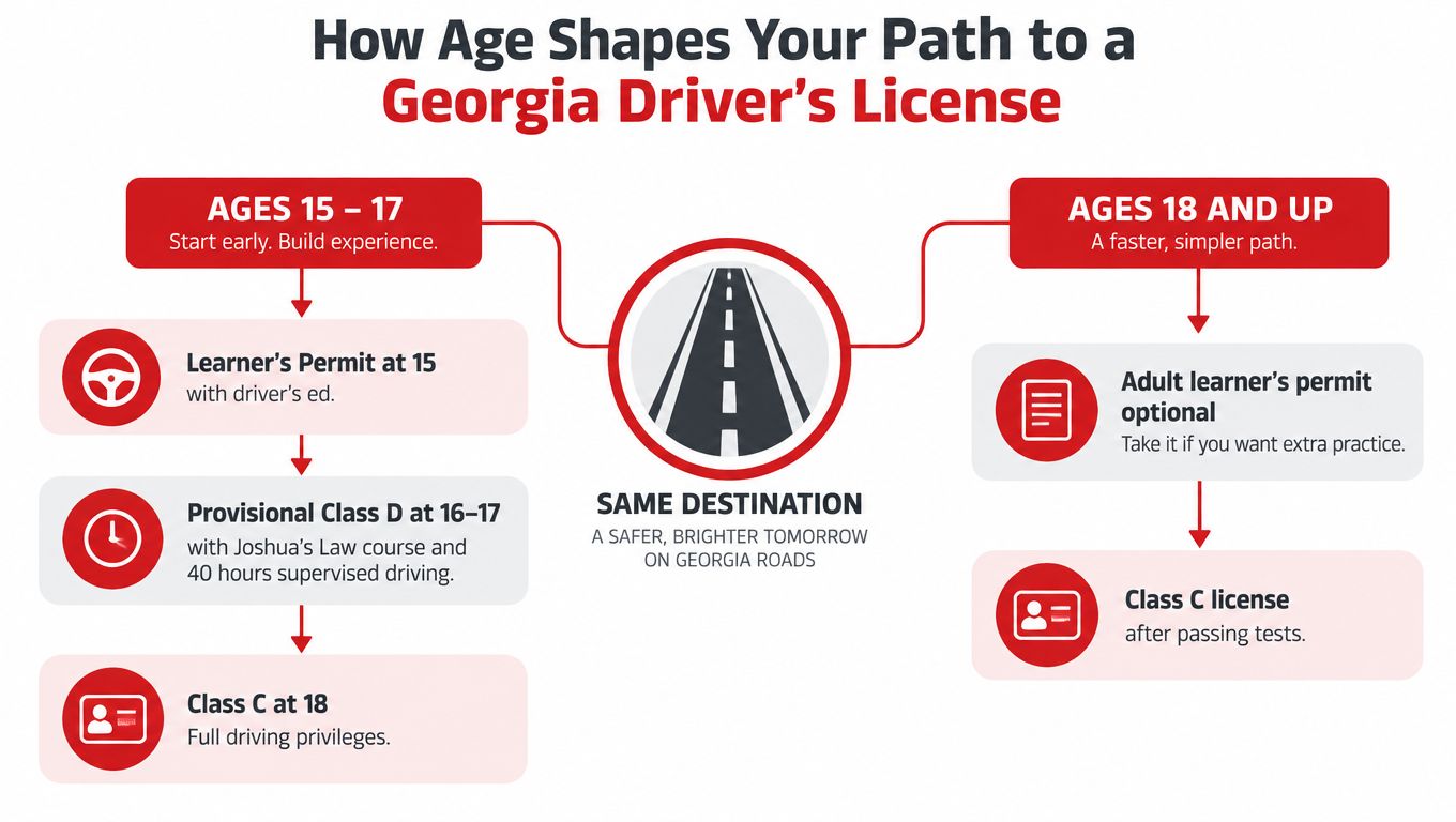 A flow chart illustrating the different paths for obtaining a Georgia driver's license by age group.