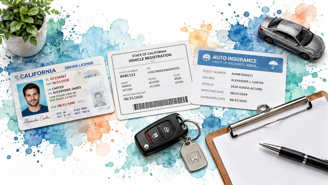 A California driver license, vehicle registration, and auto insurance card spread out with car keys and a pen.
