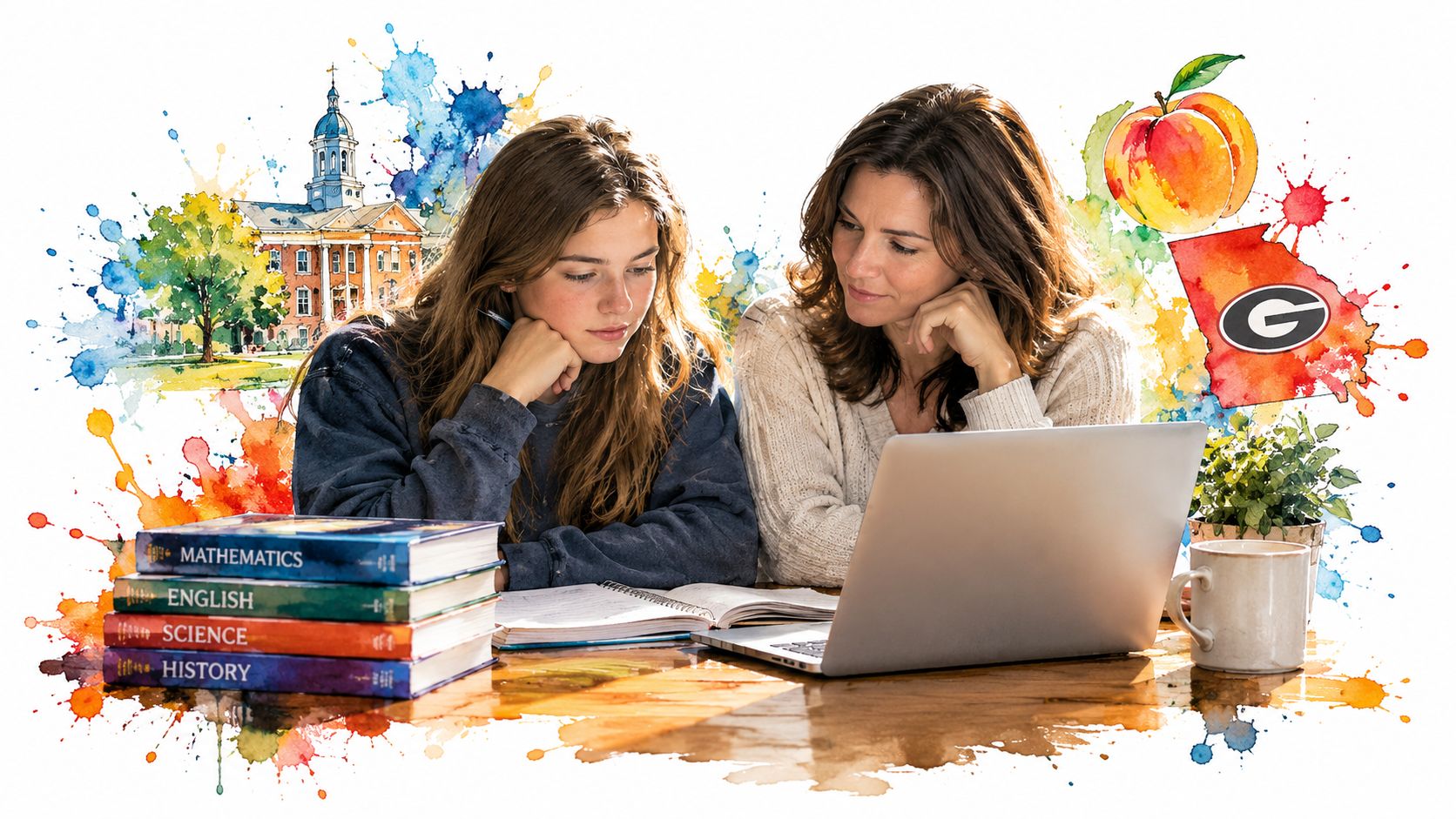 A student and her mother studying together at a desk with textbooks and a laptop computer.