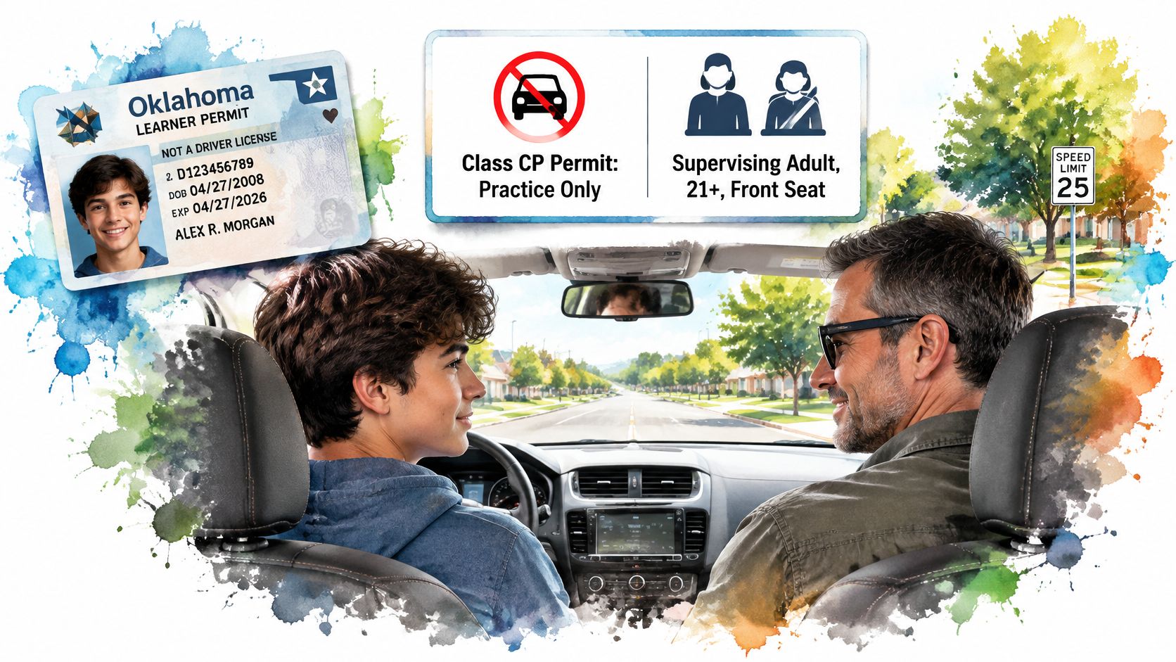 A teenager practicing driving with an adult instructor next to an Oklahoma learner permit information graphic.