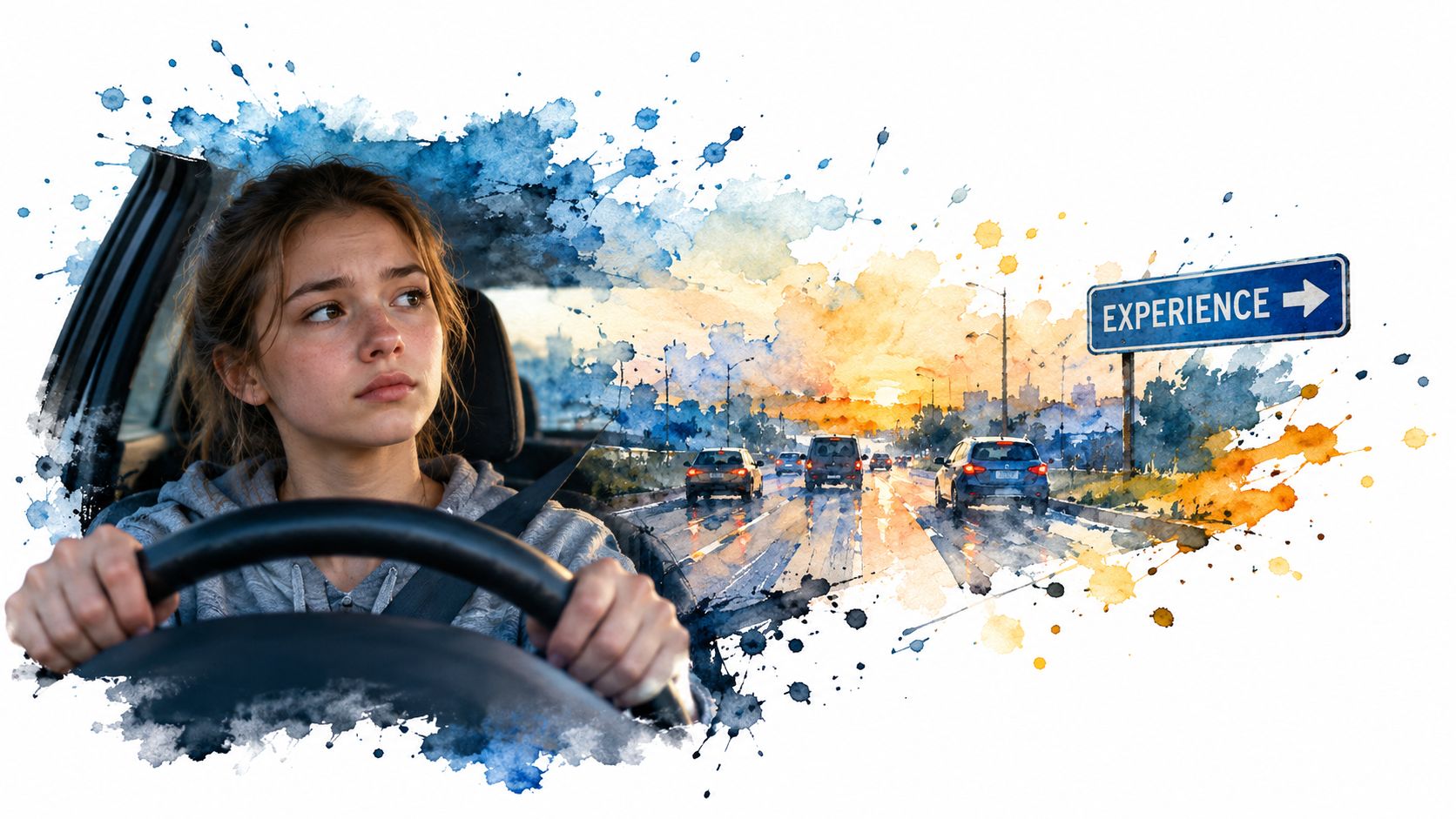 A thoughtful young woman driving a car, conceptualized with watercolor splashes representing a scenic road experience.