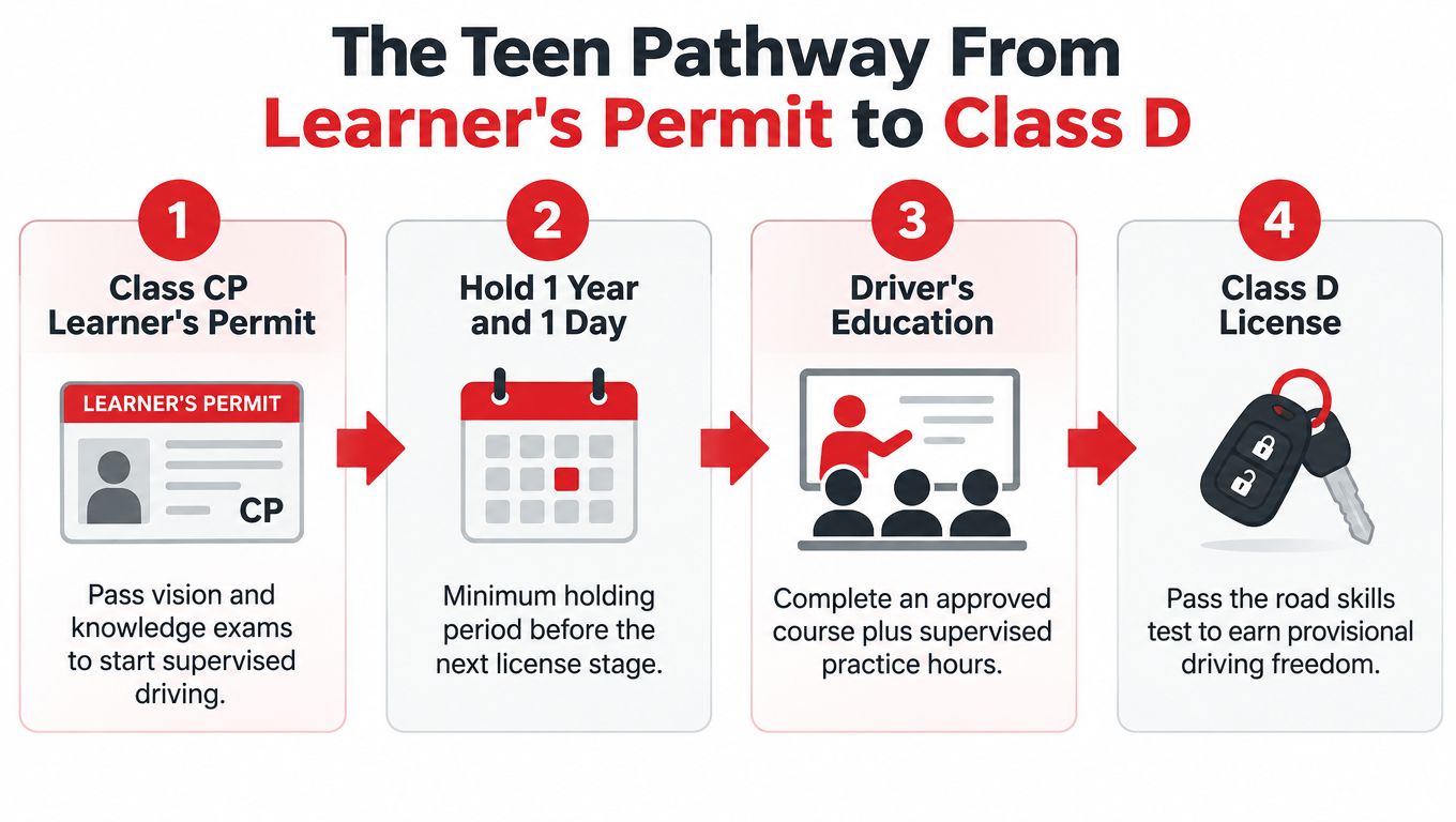 A four-step infographic illustrating the teen pathway from obtaining a learner's permit to a Class D license.