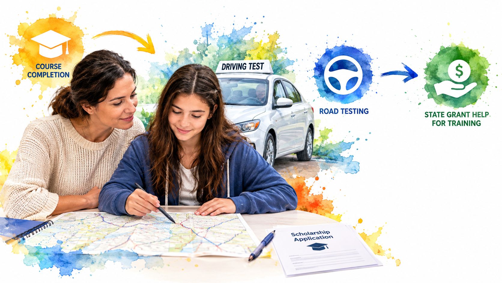 A woman and a young girl looking at a map with driving test and scholarship icons.